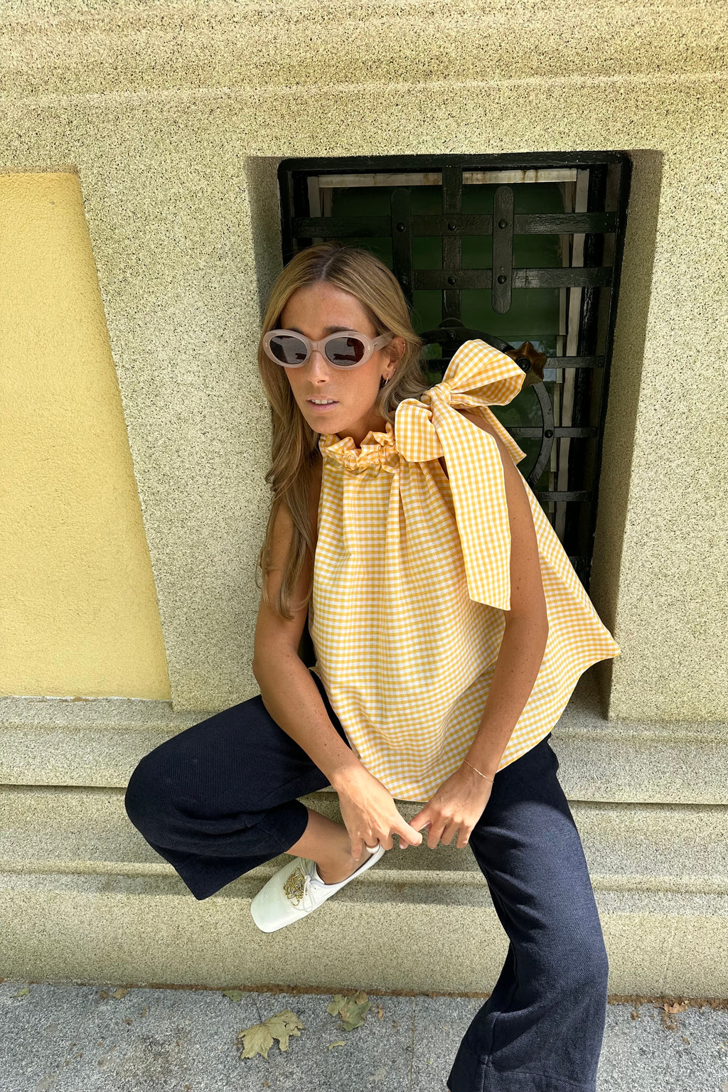Ruffle top in lemon vichy fabric