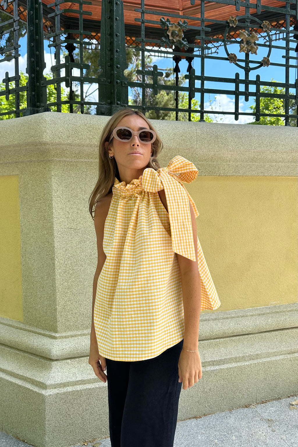 Ruffle top in lemon vichy fabric