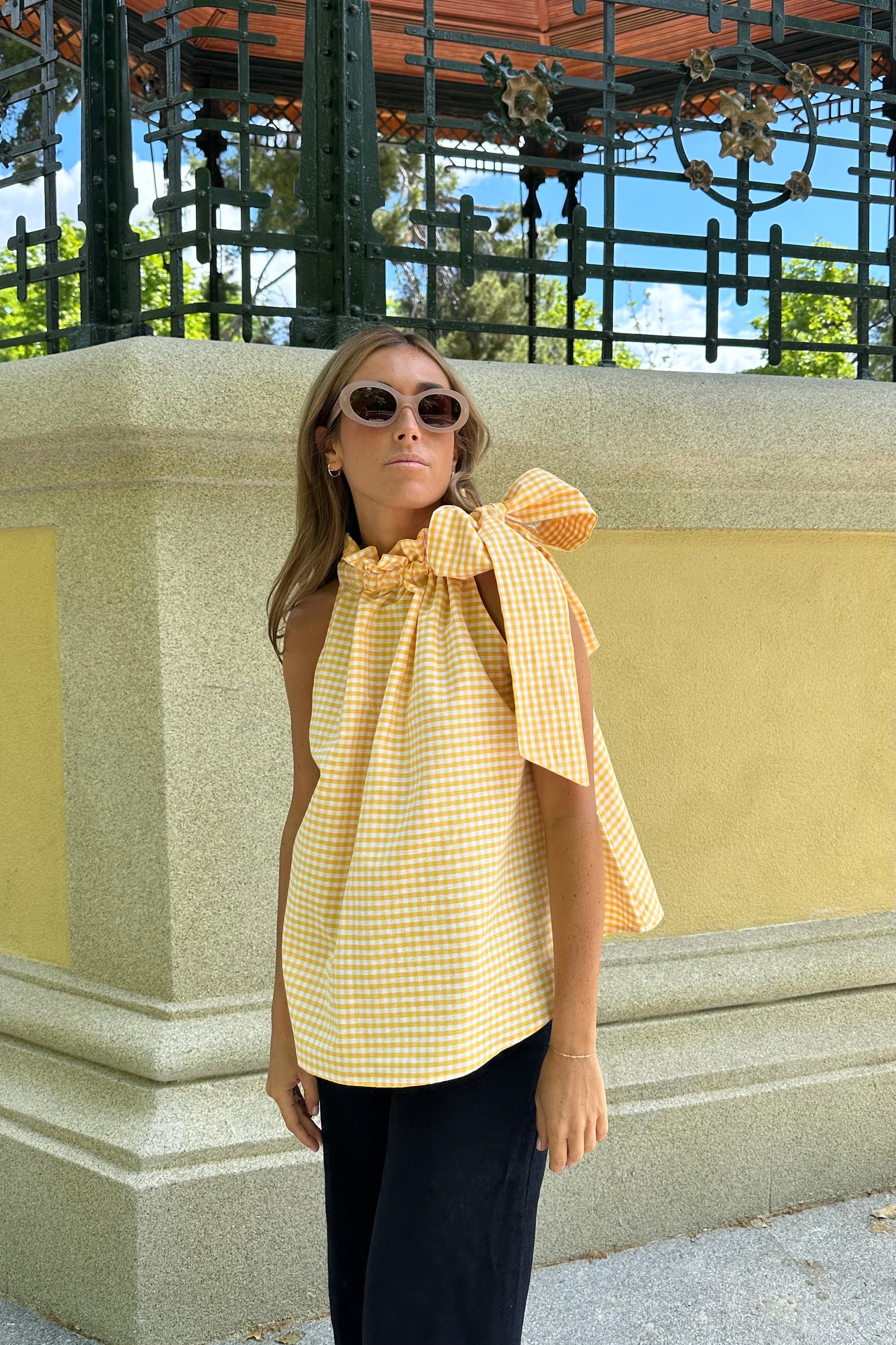 Ruffle top in lemon vichy fabric