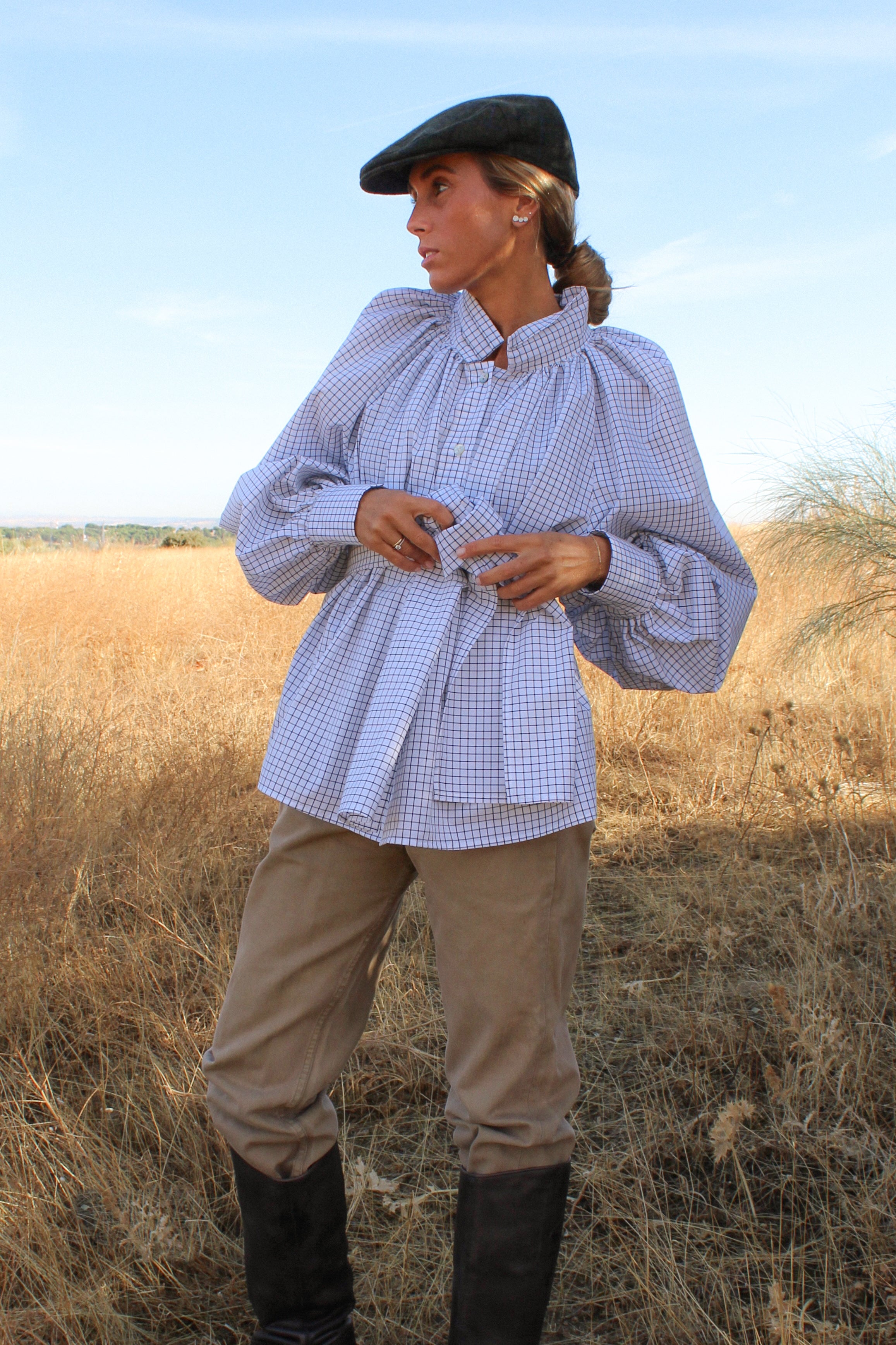 Camisa balloon cuadros gris