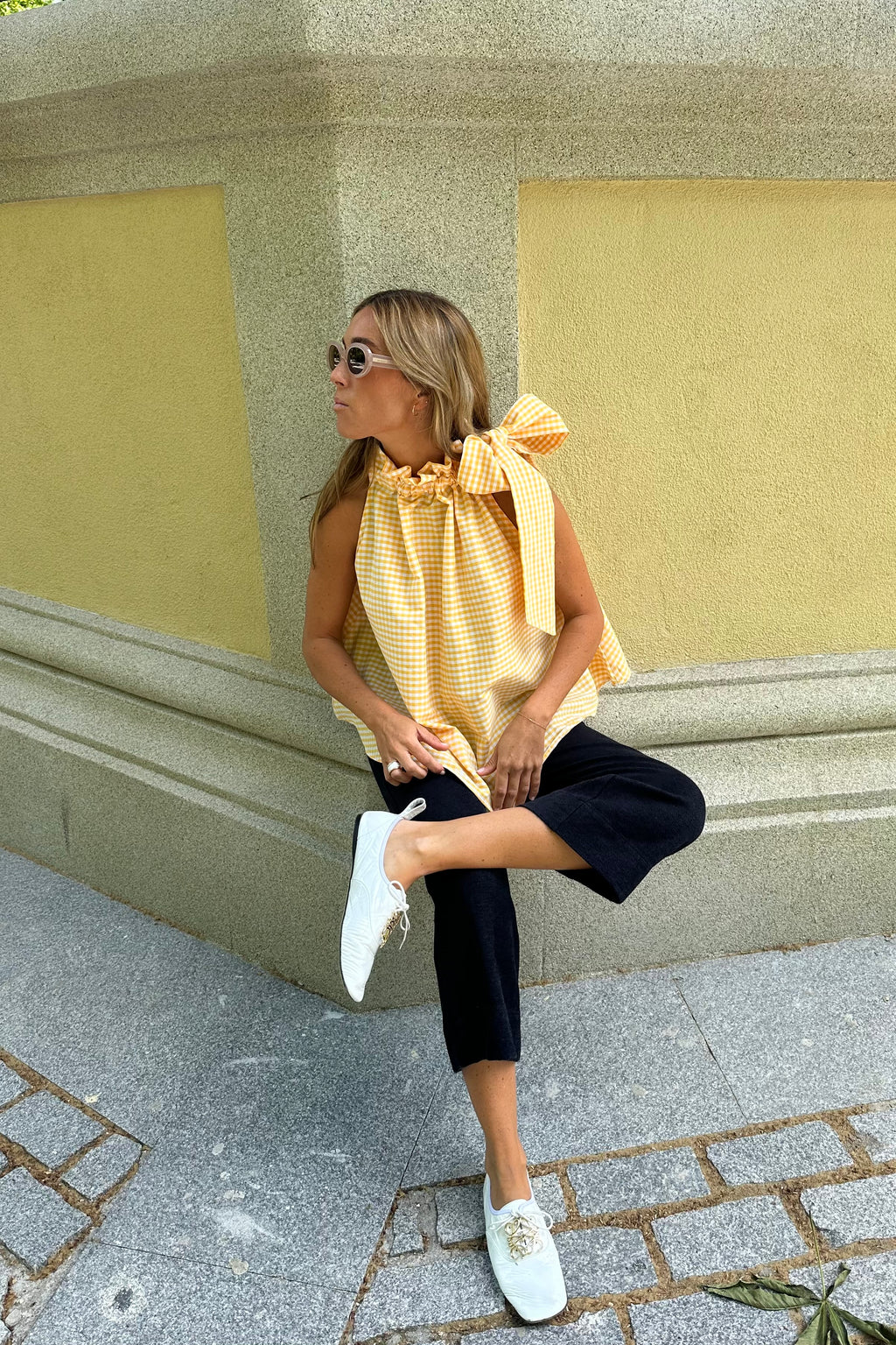 Ruffle top in lemon vichy fabric