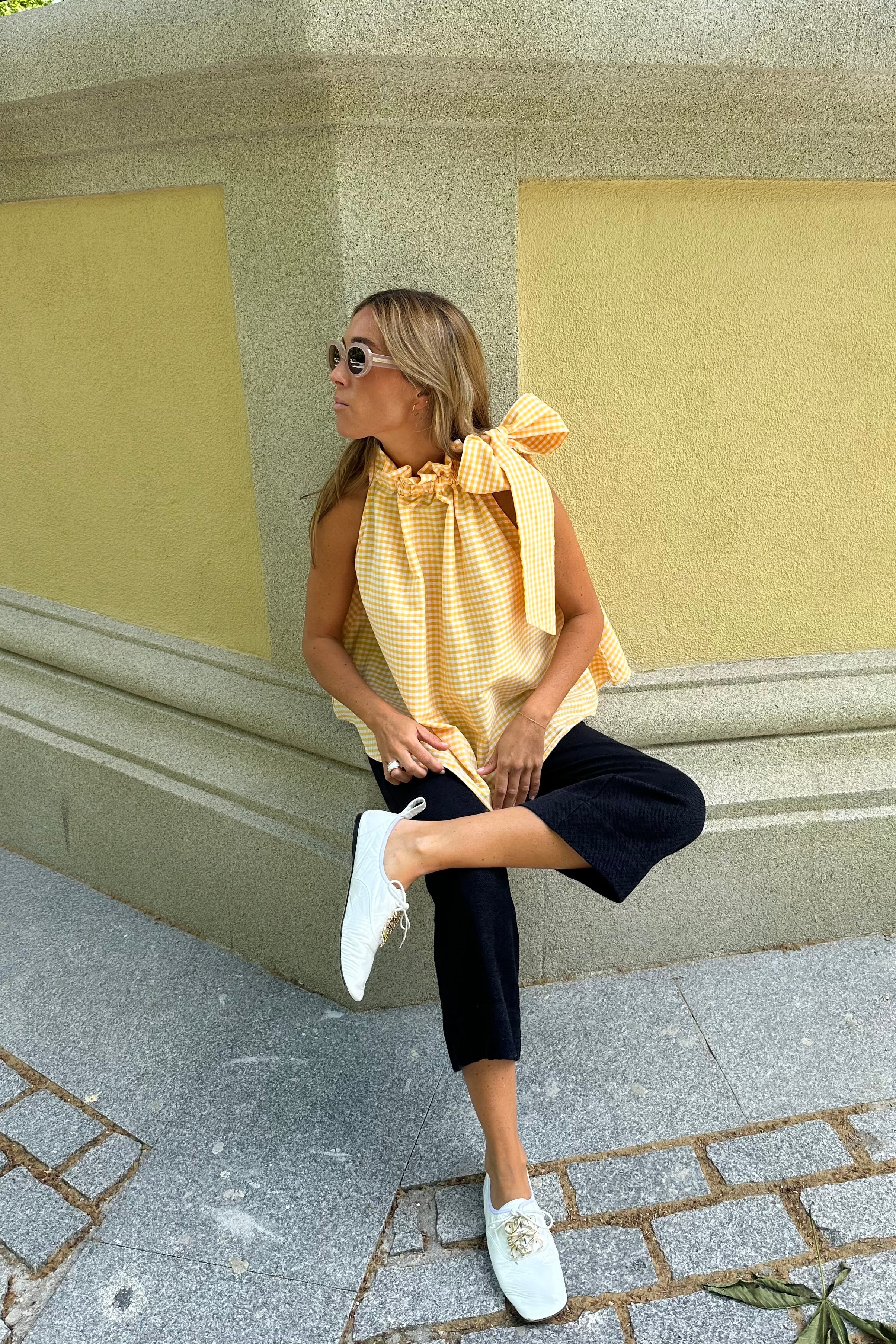 Ruffle top in lemon vichy fabric