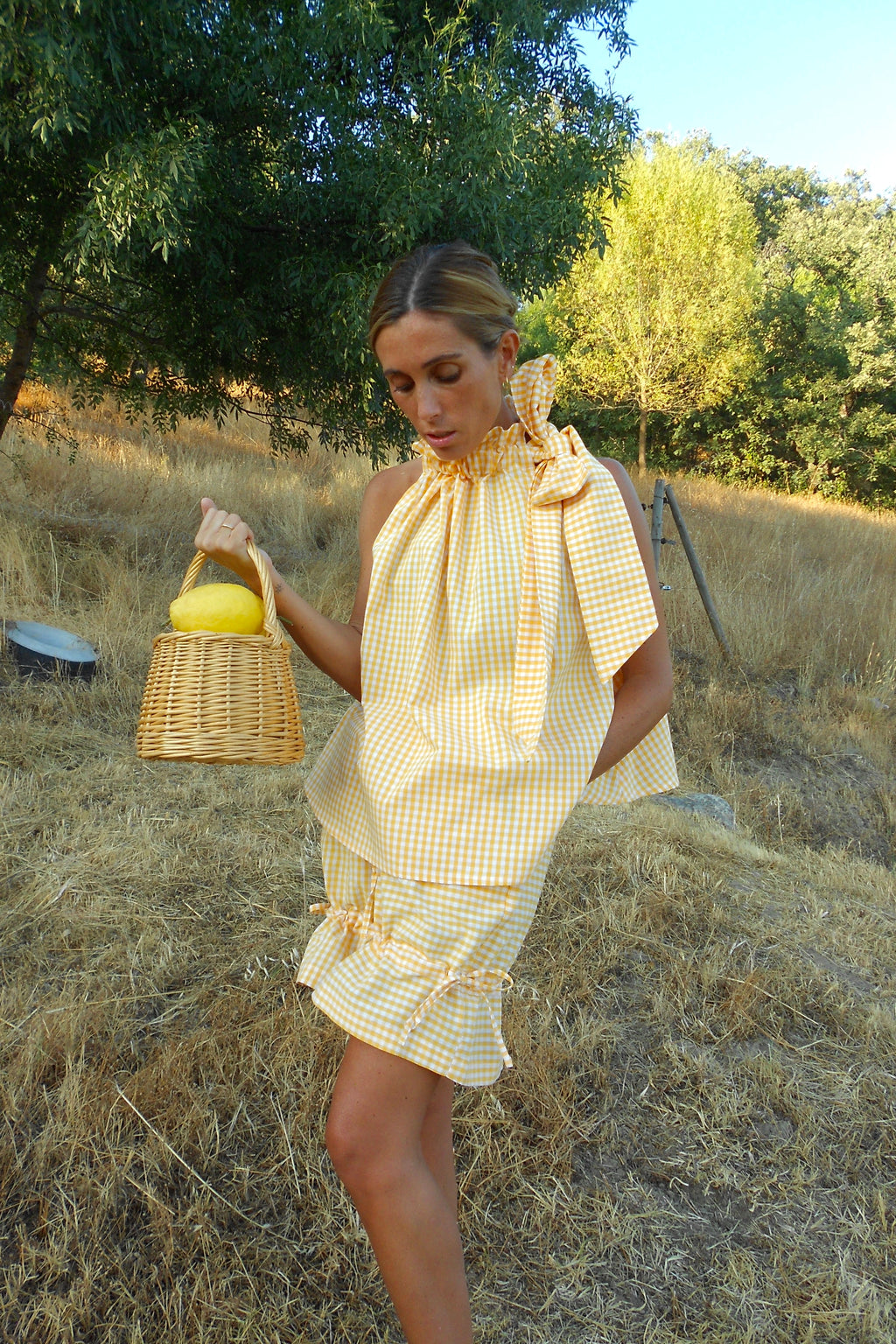 Ruffle top in lemon vichy fabric